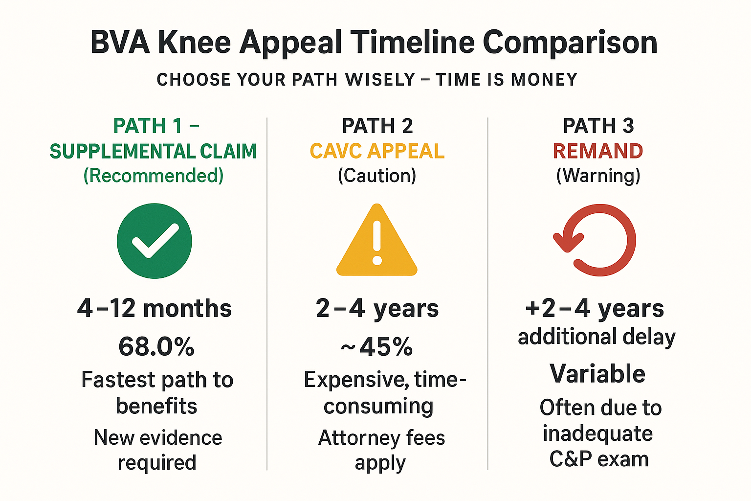 BVA Knee Appeal Timeline and Pathways showing Supplemental Claim (68.0% success, 125 days), Higher-Level Review (path 2, 30 days), Board Appeal options (Legacy 12-18 months, Direct Review 1-2 years, Evidence Submission), and CAVC (~45% success, 12-18 months)