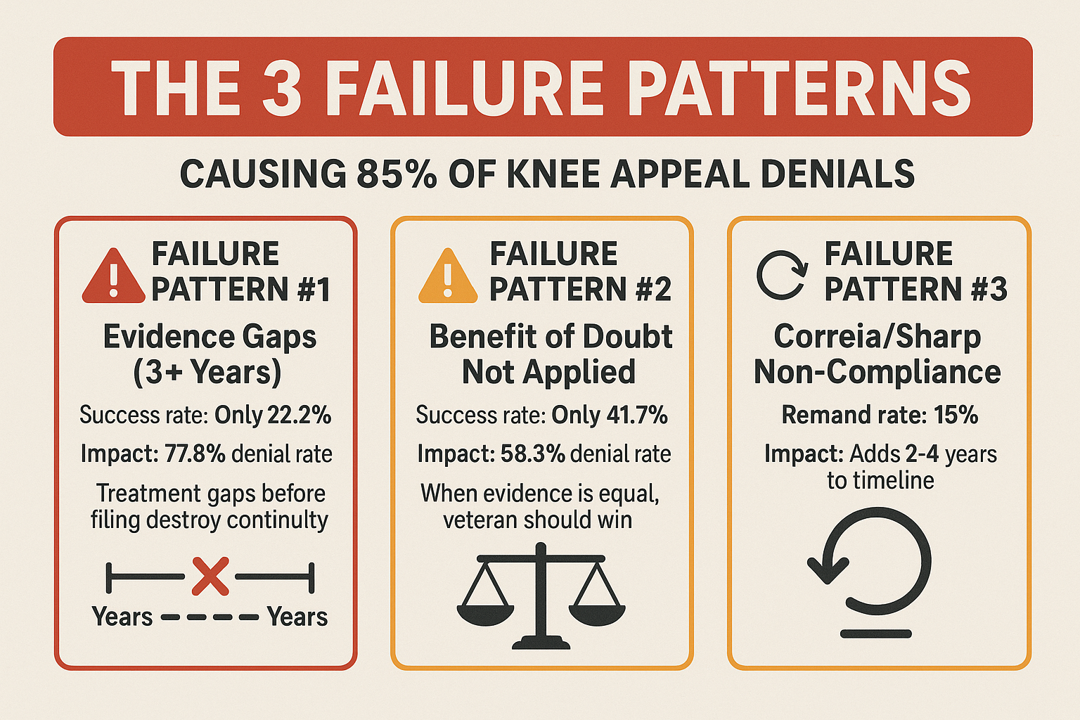Three Common Failure Patterns in Knee Appeals: Evidence Gaps (3+ year treatment gaps drop success from 68.0% to 22.2%), Weak Medical Evidence (lack of ROM measurements, functional assessment, or private IMO drops success to 50%), Strategy Errors (missing bilateral factor, secondary conditions, or effective date claims)