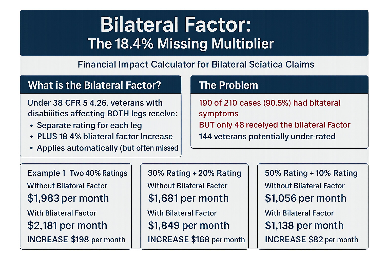 Bilateral Factor Financial Impact Calculator - Shows how 18.4% bilateral factor transforms combined ratings into significantly higher monthly compensation with three detailed calculation examples demonstrating potential $500-$2,000 monthly benefit increases