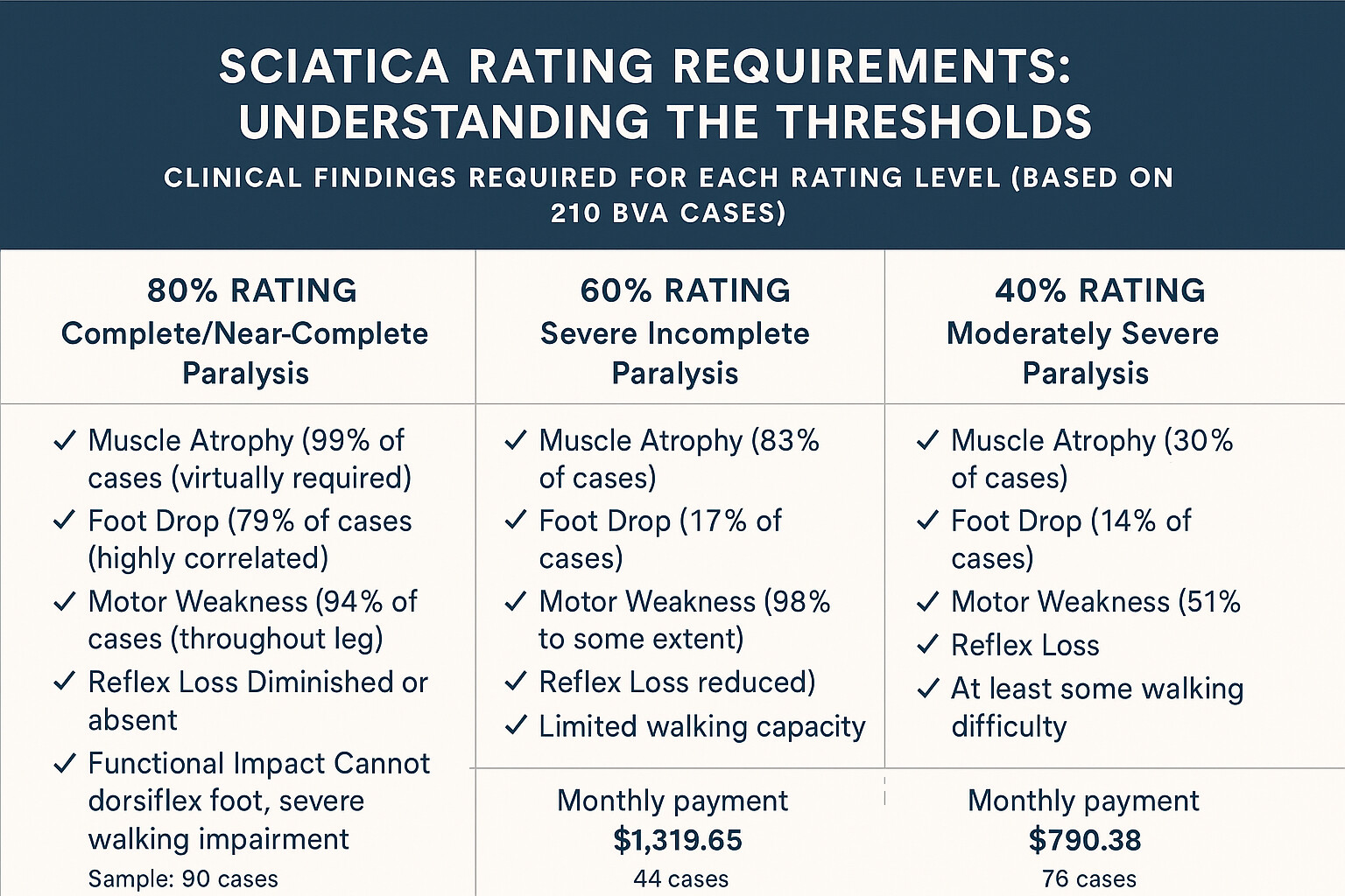 Sciatica Rating Requirements Comparison - Side-by-side comparison of 80%, 60%, and 40% rating criteria showing specific clinical findings required at each level including muscle atrophy percentages, foot drop prevalence, motor weakness requirements, and key differentiators between rating levels